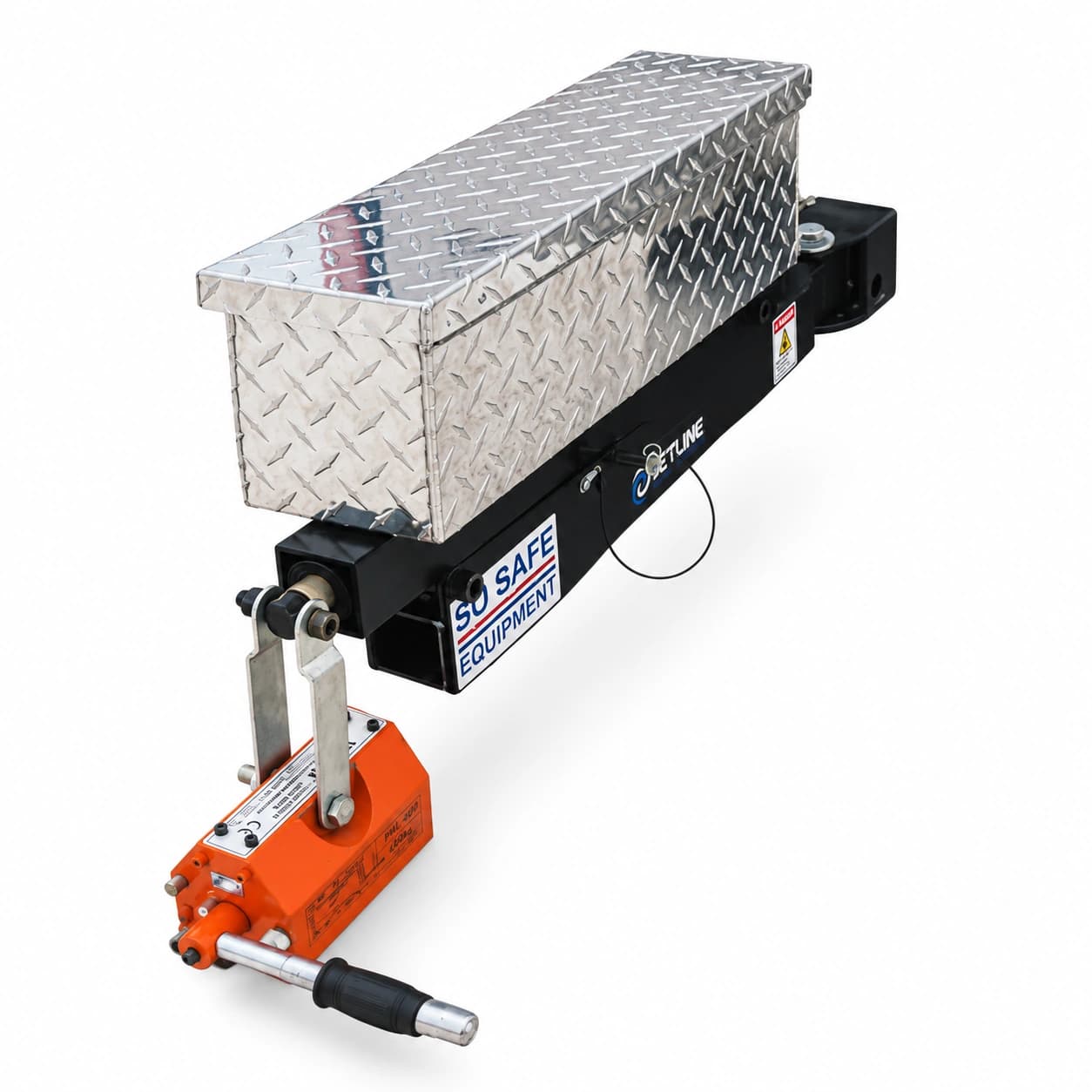 PowerLifter on white, showing its horizontal enclosure, receiver arm and lifting magnet.