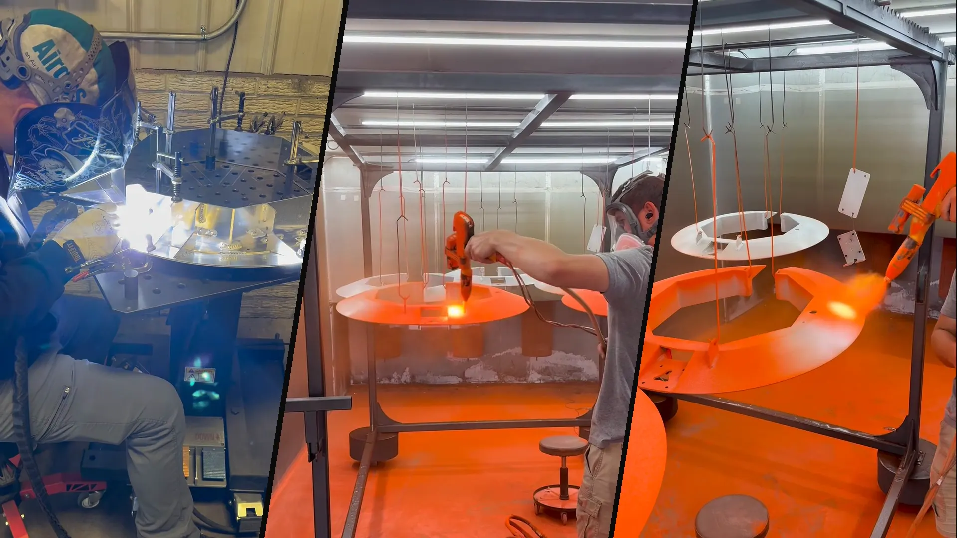 Three real shop views from the film: TIG welding a raw aluminum frame, hand powder coating in the booth, and coating a frame orange.