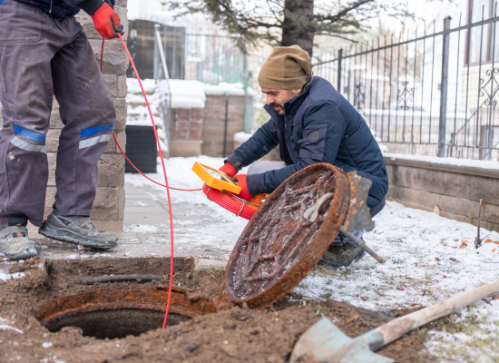 Utility worker opening a manhole in winter conditions during cold weather maintenance work.