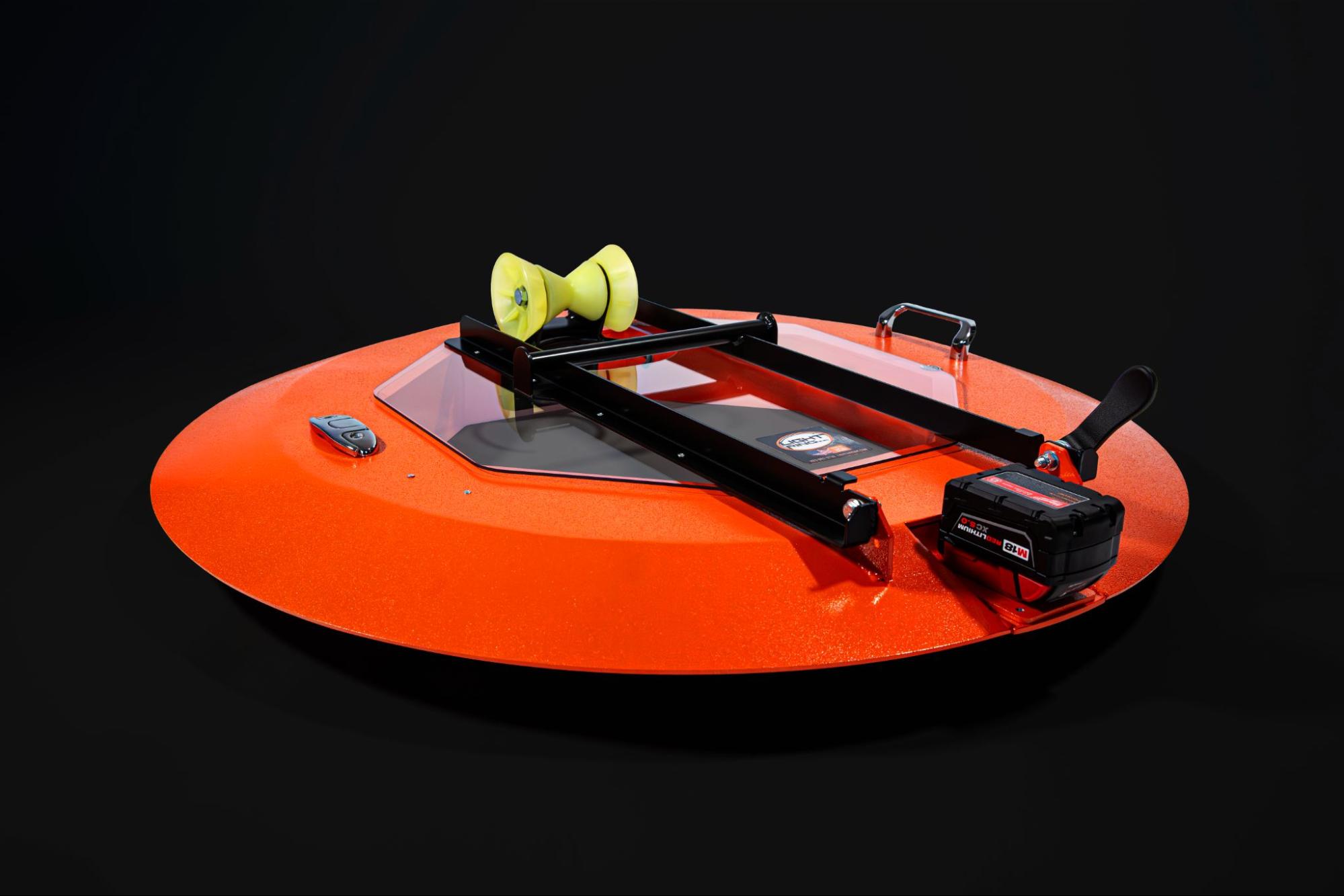 Light Ring integrated manhole cover ring system showing the aluminum frame, integrated LED housing, downrigger roller, flip-up aerosol shield, and battery-powered design.